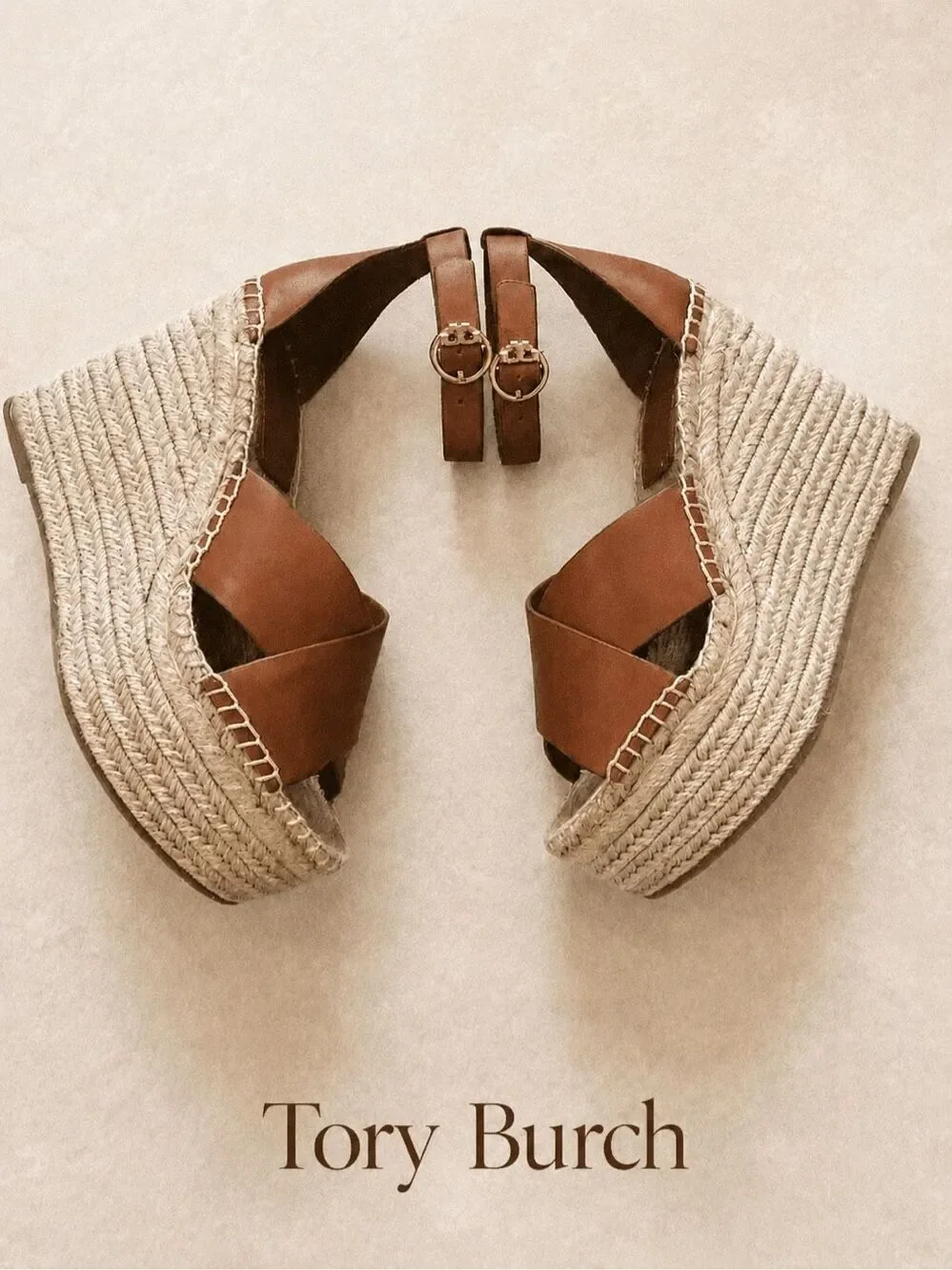 NWOB Tory Burch Brown Leather Espadrille Platform Wedge Sandals, Sz 6, $295